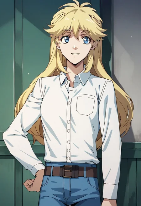 score_9_up, score_8_up, score_7_up, source_anime, LEAO EVERLASTING (2020), 
1girl, solo, long hair, looking at viewer, smile, blue eyes, blonde hair, shirt, long sleeves, white shirt, cowboy shot, collared shirt, belt, pants, hand on hip, dress shirt, denim, jeans, blue pants