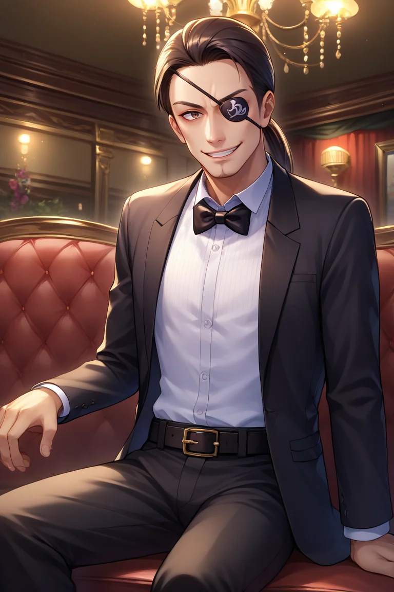 score_9, score_8_up, score_7_up, BREAK, 1boy, solo, <lora:majima-guy-PONYv1:1>, majima, majimaTux, ponytail, eyepatch, black jacket, shirt, bowtie, formal, suit, black pants, belt, facial hair, sitting, nightclub, chandelier, indoors, booth seating, smile,