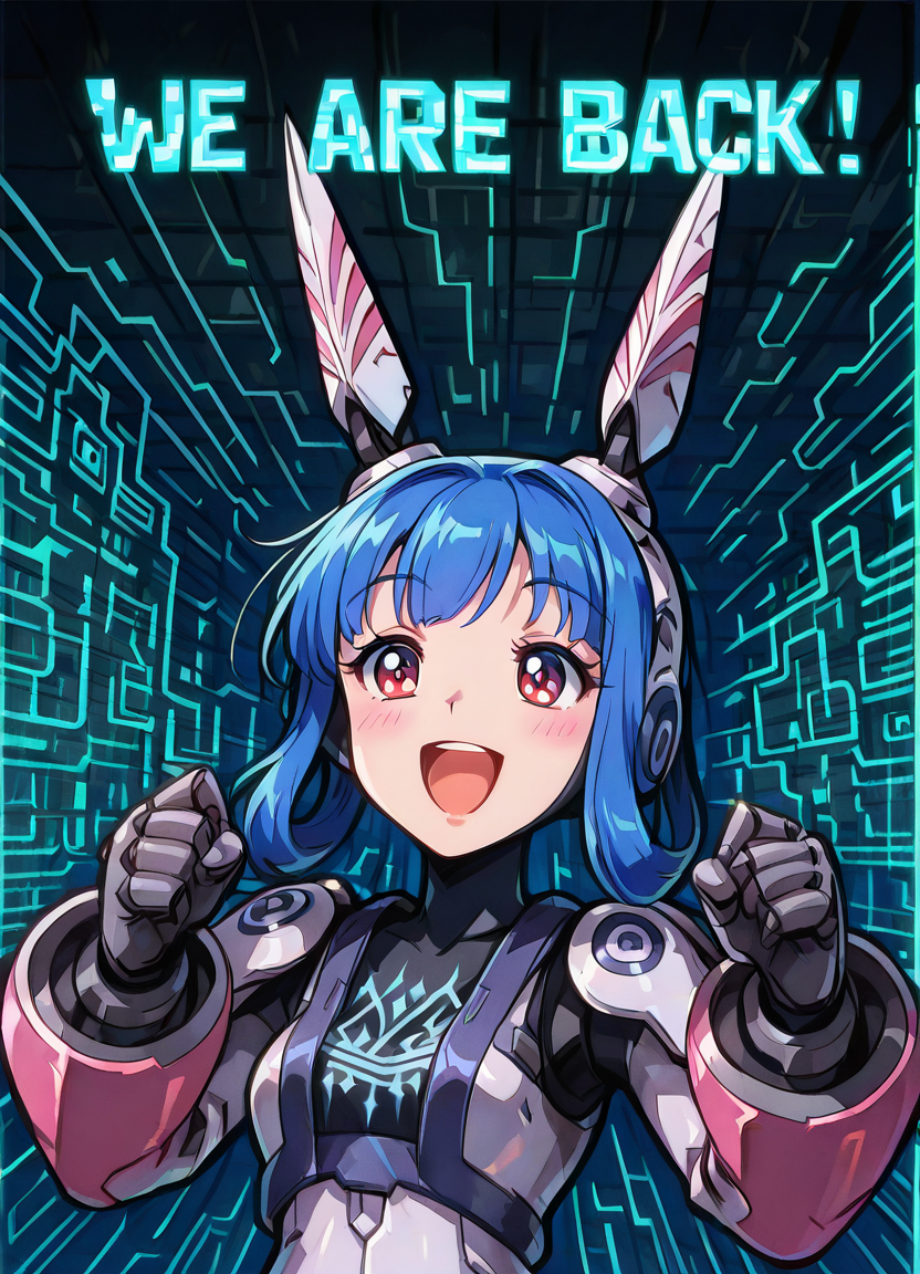 HDA_MasterpieceXL_v1.2,  <lora:Vivienne_-_Phantsy_Star_Series:1> VivianneIL, 1girl, blue hair, red eyes, armor, dress, android, robot ears, smile, blush, circuit background,  <lora:We4reSoB4ck_IXL:1> We4reSoB4ck, text, dramatic pose, (upper body), smile, teeth, :D, eyelashes,