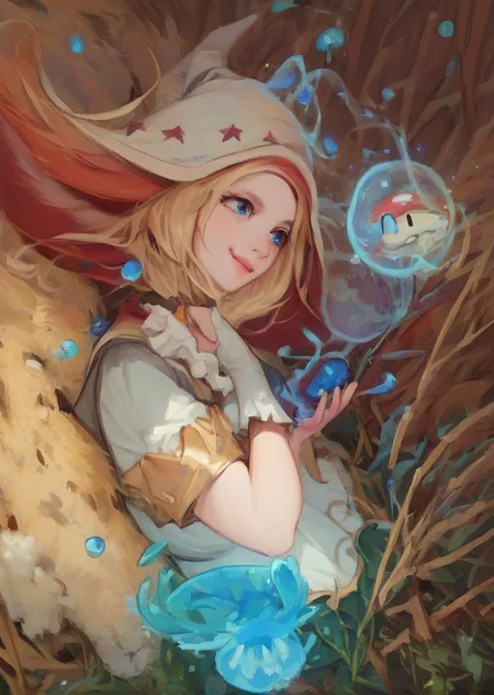 , score_9, score_8_up, score_7_up, rating_safe,<lora:princess_xl_v1:0.8>,<lora:Old_Books_and_Paper:1> <lora:Book_of_Wonders:1>,blue magic mushroom