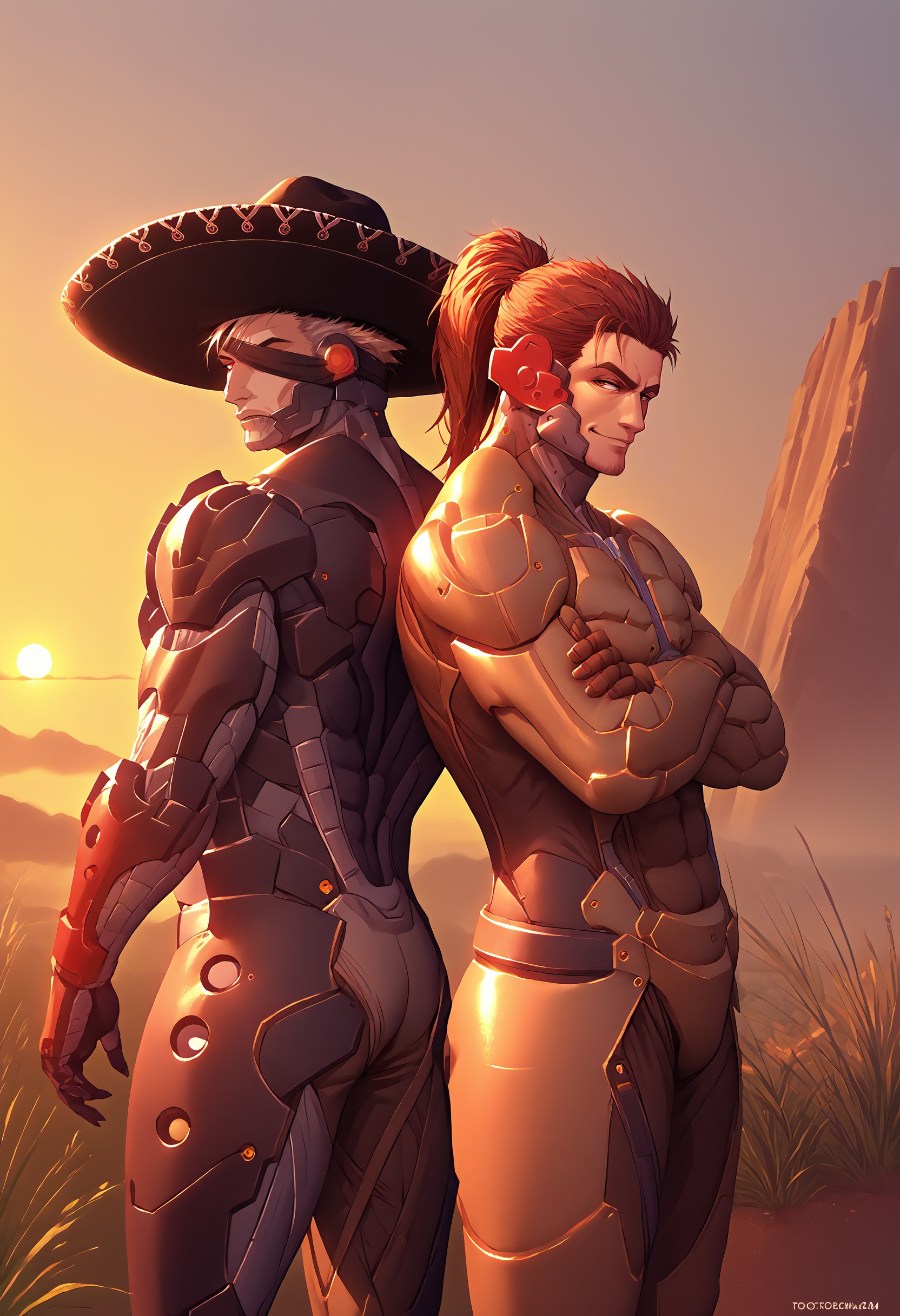 score_9, score_8_up, score_7_up, source_anime, 2boys, back-to-back, from side, <lora:BackToBack_XLPD:0.55>, multiple boys, outdoors, arizona, sunset, 
BREAK <lora:RaidenMGR_XLPD:0.8>, RaidenMGRSombrero, hat, cyborg, bodysuit, eyepatch,
BREAK <lora:JetstreamSam_XLPD:0.75>, JetstreamSam, cyborg, bodysuit, headgear, beard, high ponytail, crossed arms, thick thighs, smirk,