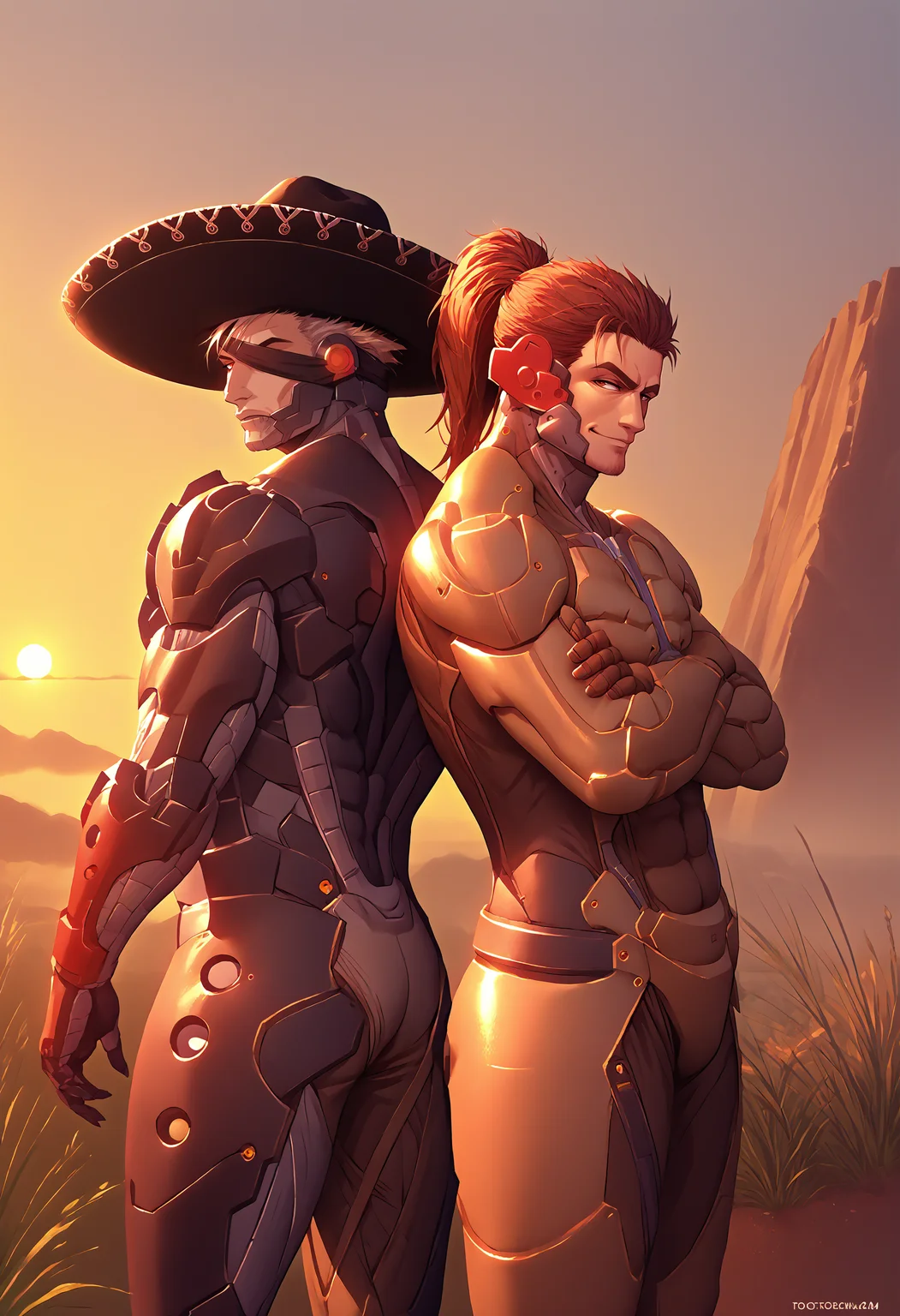 score_9, score_8_up, score_7_up, source_anime, 2boys, back-to-back, from side, <lora:BackToBack_XLPD:0.55>, multiple boys, outdoors, arizona, sunset, 
BREAK <lora:RaidenMGR_XLPD:0.8>, RaidenMGRSombrero, hat, cyborg, bodysuit, eyepatch,
BREAK <lora:JetstreamSam_XLPD:0.75>, JetstreamSam, cyborg, bodysuit, headgear, beard, high ponytail, crossed arms, thick thighs, smirk,