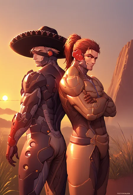 score_9, score_8_up, score_7_up, source_anime, 2boys, back-to-back, from side, <lora:BackToBack_XLPD:0.55>, multiple boys, outdoors, arizona, sunset,
BREAK <lora:RaidenMGR_XLPD:0.8>, RaidenMGRSombrero, hat, cyborg, bodysuit, eyepatch,
BREAK <lora:JetstreamSam_XLPD:0.75>, JetstreamSam, cyborg, bodysuit, headgear, beard, high ponytail, crossed arms, thick thighs, smirk,