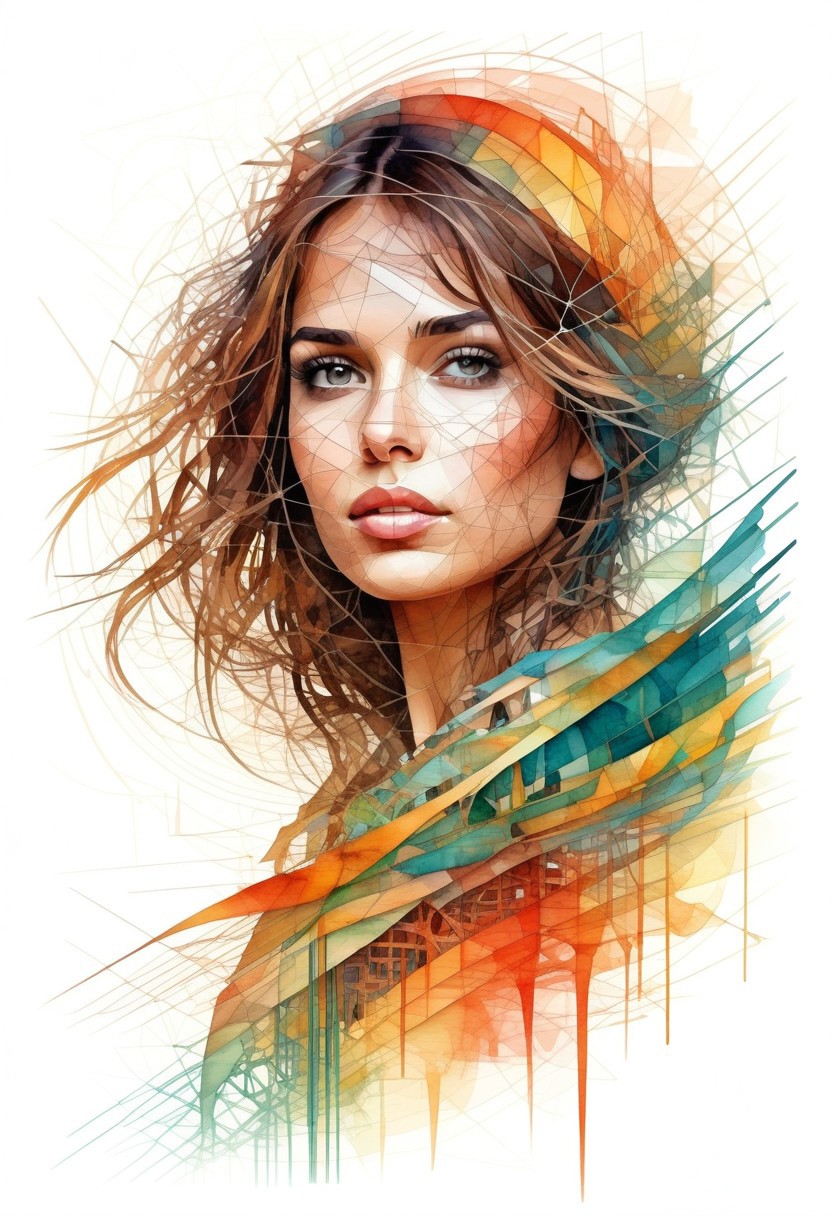 A beautiful girl, digital watercolor Illustration, summers cape sunrise, complex contrast, highly details, geometric Bauhaus abstract vector fractal, in style of Carne Griffiths, triadic colors, wave function