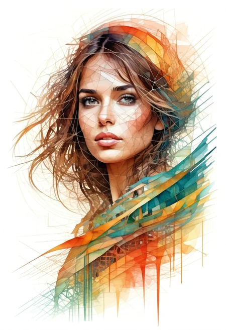 A beautiful girl, digital watercolor Illustration, summers cape sunrise, complex contrast, highly details, geometric Bauhaus abstract vector fractal, in style of Carne Griffiths, triadic colors, wave function