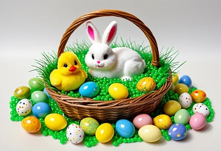 lazypos, Easter scene, bunny, chick, made of marbles, beads, eggs, basket, colorful, realistic
