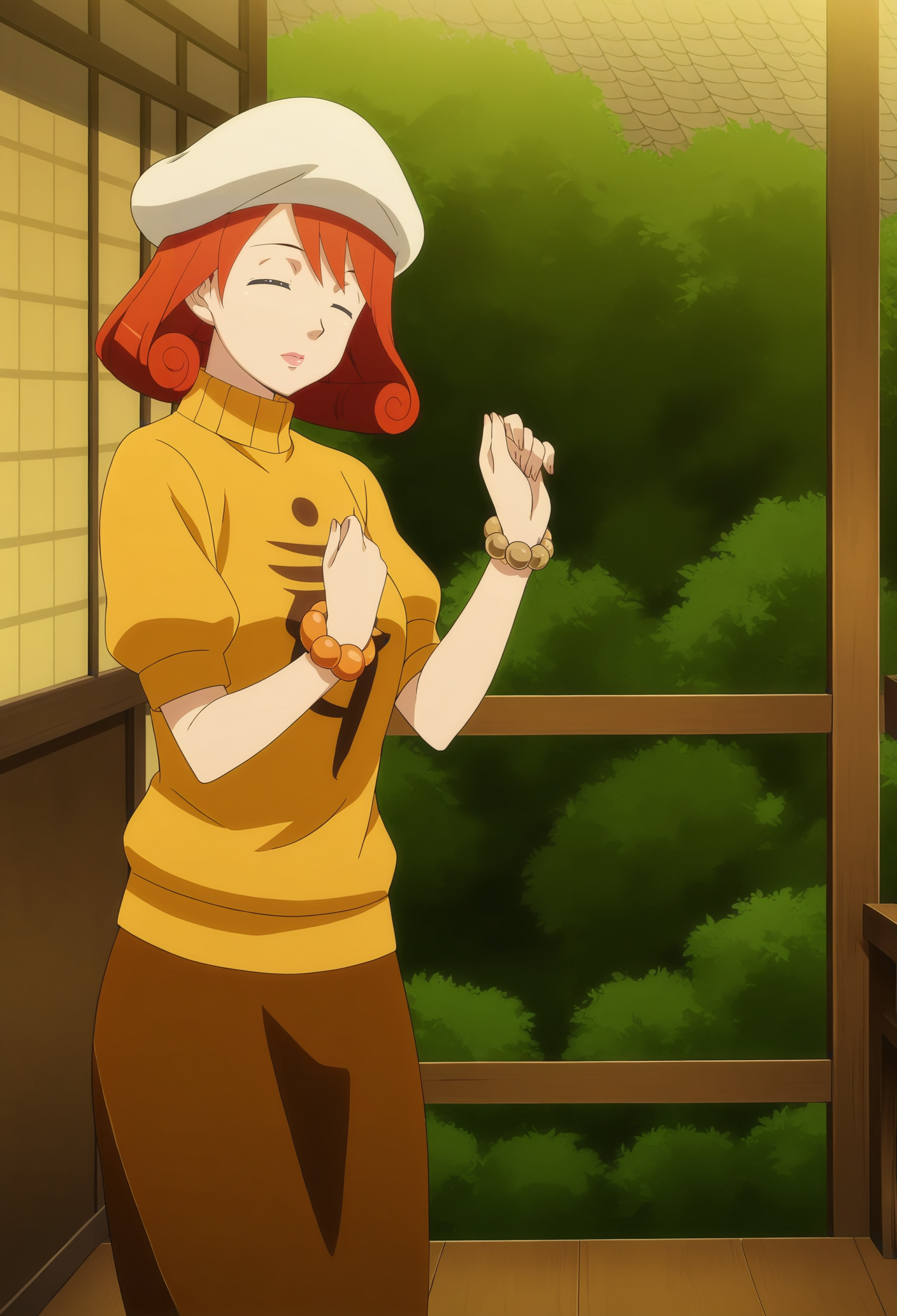 anime screencap,anime coloring,detailed face,masterpiece,best quality,very aesthetic,absurdres,volumetric lighting,official style,amazing quality,ultra detailed,highres,amazing quality,scenery,beautiful detailed hair,beautiful detailed eyes,<lora:Hanaka Mimi-IL V1:1>,Hanaka Mimi,1girl,closed eyes,hat,solo,bracelet,jewelry,red hair,skirt,white headwear,shirt,