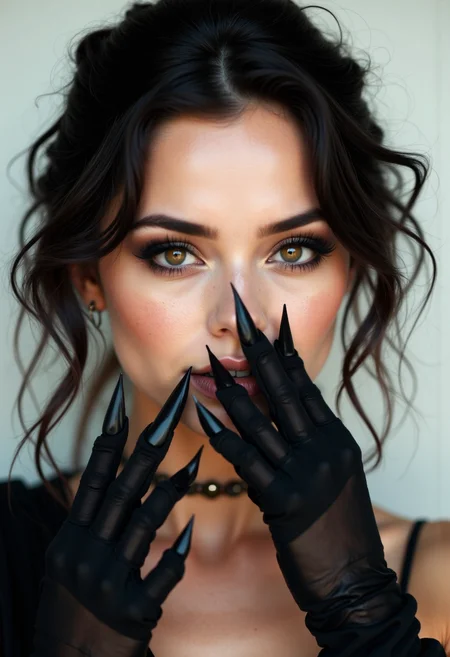 iphone photo model wearing strong black make up, covering her lips with long pointy nails, white background, egdy
(photorealistic:1.25), UHD, (shot on a Sony A7III:1.25), optimal photography, . large depth of field, deep depth of field, highly detailed