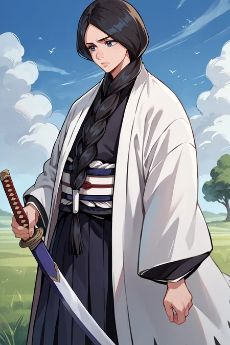 score_9, score_8_up, score_7_up, score_6_up, source_anime, BREAK 1girl, solo, <lora:unohanaretsu-pdxl-nvwls-v1-000004:1> unohana retsu, single braid, white coat, black kimono, black skirt, hakama skirt, holding sword, katana, field, blue sky, tree,serious, wide shot