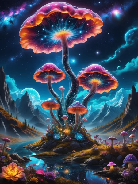 another world extraterrestrial landscape, surreal mountains, with giant alien flower animals, live shrooms, fantasy dream, starry sky with large planets, transparent plasma tubes, detailed hyperrealism, 35mm photography, edgy street art, dynamic angle, flowing colors, fractal art, intricate