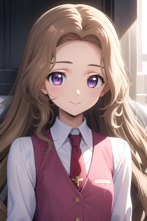 ((masterpiece)),(best quality),official art,extremely delicate and beautiful,extremely detailed CG,unity 8k wallpaper,ultra detailed,beautiful detailed eyes,extremely detailed face,outdoors,1girl,solo,upper body,(portrait:1.5),looking at viewer,facing viewer,smile,Nunnally Vi Britannia,very long hair,brown hair,wavy hair,hair intakes,sidelocks,parted bangs,purple eyes,ashford academy school uniform,pink vest,red necktie,collared shirt,white shirt,flat chest,buttons,long sleeves,pink skirt,pleated skirt,white socks,loafers,<lora:Nunnally Vi Britannia(cg)>,