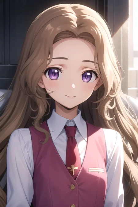 ((masterpiece)),(best quality),official art,extremely delicate and beautiful,extremely detailed CG,unity 8k wallpaper,ultra detailed,beautiful detailed eyes,extremely detailed face,outdoors,1girl,solo,upper body,(portrait:1.5),looking at viewer,facing viewer,smile,Nunnally Vi Britannia,very long hair,brown hair,wavy hair,hair intakes,sidelocks,parted bangs,purple eyes,ashford academy school uniform,pink vest,red necktie,collared shirt,white shirt,flat chest,buttons,long sleeves,pink skirt,pleated skirt,white socks,loafers,<lora:Nunnally Vi Britannia(cg)>,