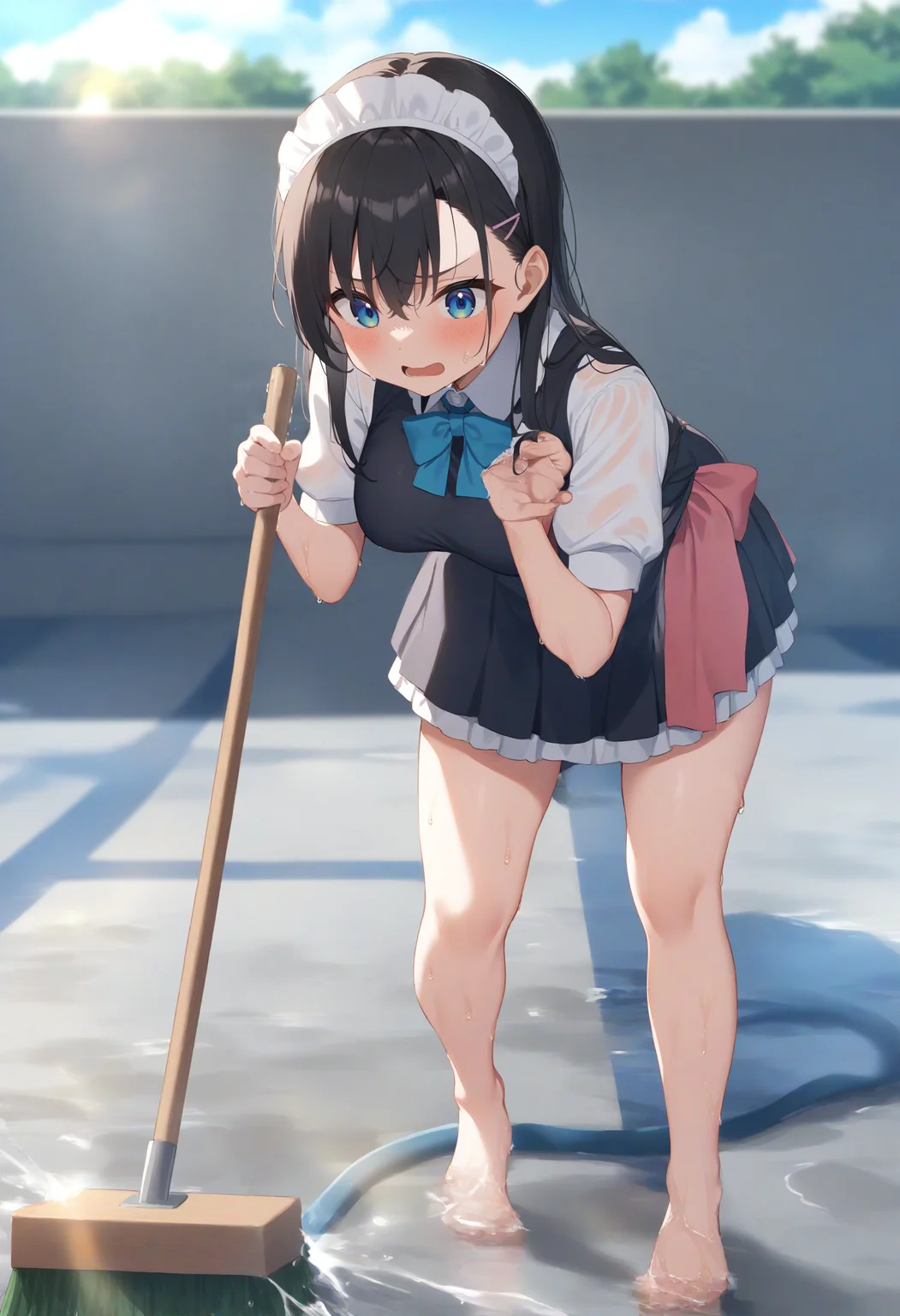 1girl,sincos, ningen mame, toosaka asagi,solo,large breasts,20yo,maid,maid headdress,sleeveless,miniskirt, standing, barefoot,
empty pool,<lora:emptypool_XL_v1:0.8>
pool, water, day, outdoors, wet, sky, broom, holding hose,
sunlight, wet clothes, spraying, water drop, splashing, lens flare, cleaning brush, cleaning, soaking feet, wet hair, sweatdrop, puddle,
best quality, very aesthetic, absurdres