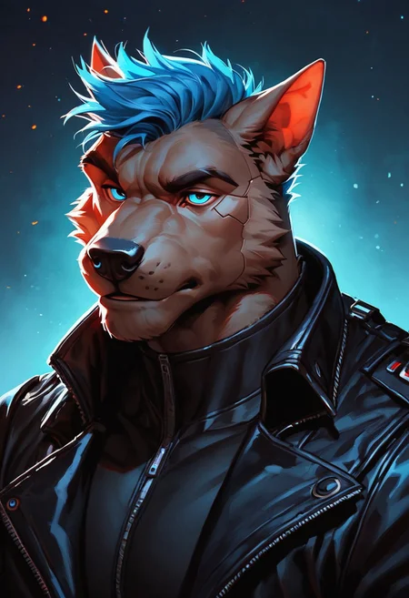 score_9, score_8_up, score_8_up, 1 wolf boy, anthro boy, grey fur, blue eyes, cyberpunk, blue hair, ((short hair)), wavy hair, portrait, ((bodysuit, techwear, leather jacket, cybernetics, mercenary)), (muscular male, huge muscles, mature male, masculine face, handsome), older male, wrinkled face, grizzled facial features, night neon lighting, negative_hand, g0thicPXL, GTA