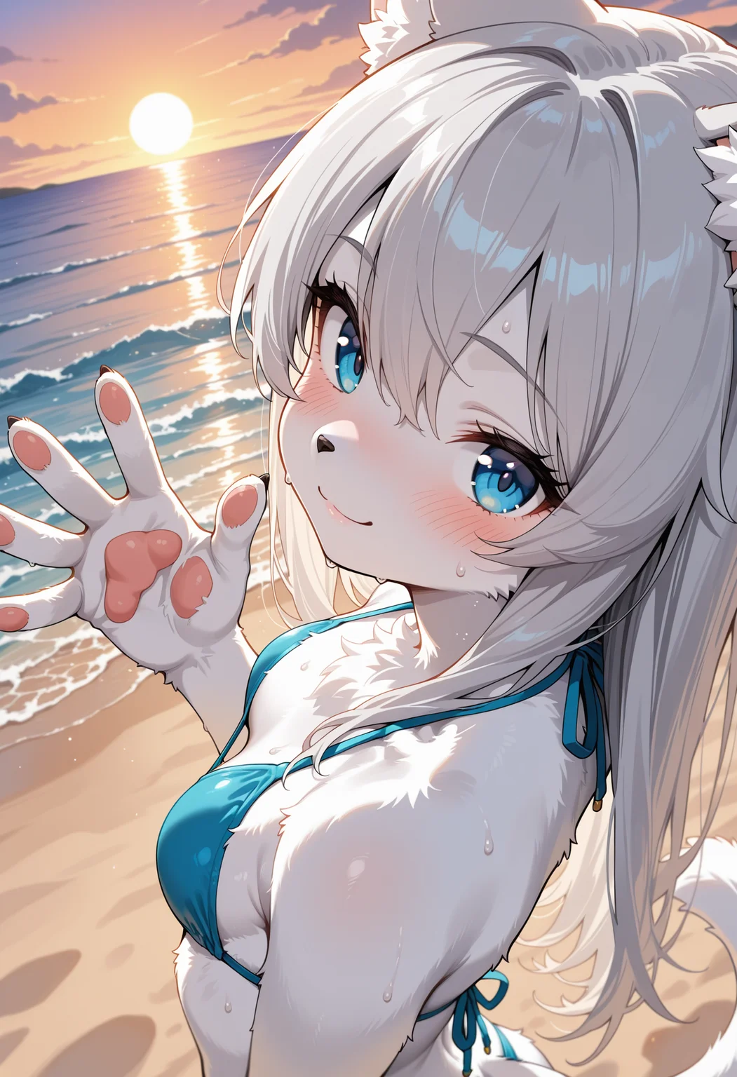 masterpiece,best quality,amazing quality,very aesthetic,high resolution,ultra-detailed,absurdres,newest,detailed fur,
furry,cat,animal ears,tail,bodyfur,1girl,upper body,solo,long hair,gray hair,white fur,blue eye,blush,bikini,looking at viewer,smile,cute,blush,ocean,beach,waving,pawpads,sweat,dusk,close-up,tail,from above,face focus,