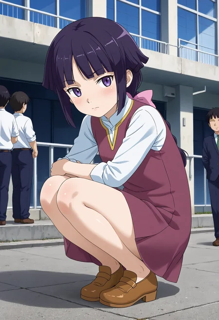 <lora:Hyper-SDXL-8steps-lora:1> <lora:Fixhands_anime_bdsqlsz_V1:1> zPDXL2, score_9, score_8_up, score_7_up, source_anime, intricate details, perfect anatomy BREAK
outdoors, city, tokyo, japan, audience, crowd, squatting,  hugging own legs,  looking at viewer,  from side, Annoyed, Mouth turned down slightly, eyes narrowed, and a tense jaw., 1girl, solo, solo focus, 
<lora:GAGE-yurin_leciel_XL(pony)v10:1> GAGE-yurin, purple hair, long single braid, purple eyes, GAGE-yurin outfit, purple dress, white sleeves, sleeves rolled up, purple skirt, brown shoes,