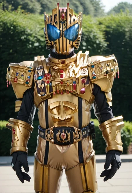 score_9, score_8, score_7, solo, armor, tokusatsu, bodysuit, helmet, rider belt, King, gold armor