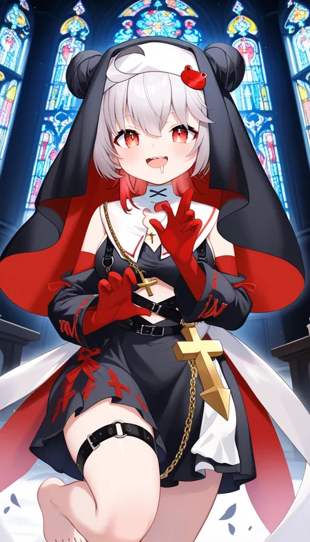 score_9, score_8_up, score_7_up, BREAK source_anime, best quality, masterpiece,very aesthetic, zPDXL2,official art,detailed_eyes,1girl, solo,
tonde_pyokora, red eyes,virtual youtuber,multicolored hair, white hair, red hair, grey hair,hair bun, double bun, medium breasts, chibi
black dress, cross,chain, nun, red gloves, dress, long sleeves, detached sleeves, frills, thigh strap, gloves,barefoot, toenails, toenail polish, black nails, nail polish,
(drooling)
<lora:tonde_pyokora_pony_v1:1>
standing ,(dynamic pose),
smile, open mouth,
looking at viewer,(cowboy shot, ),
indoors, church