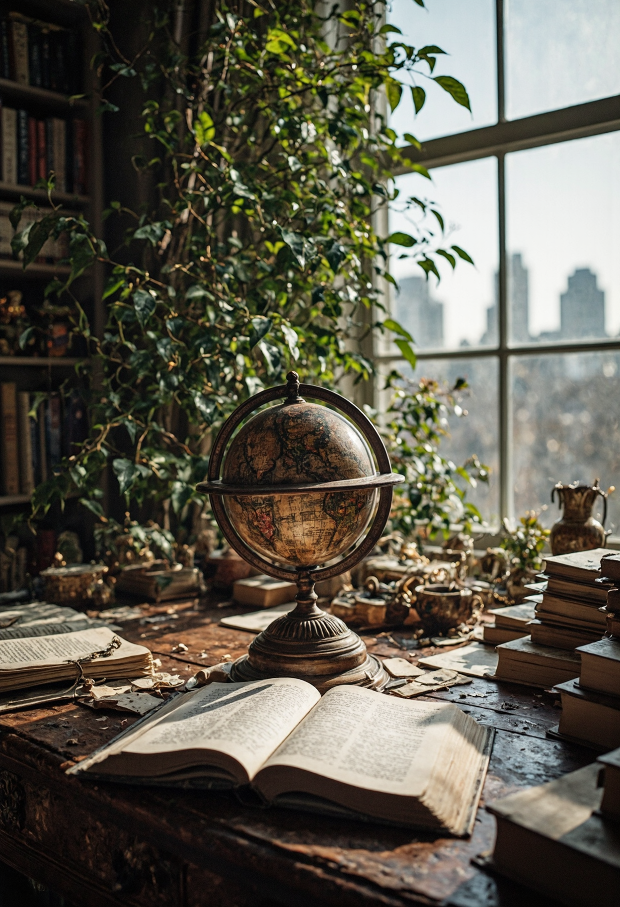 Intricately textured, cinematic, The antique globe, intricately carved with intricate designs and designs, spins slowly on a polished desk. The desk is cluttered with books and papers, and a stack of books lies open on the desk, waiting for its next adventure. The air is thick with the scent of old books and the sound of rustling leaves. The scene is set in a cozy study, with a large window overlooking a city skyline.
