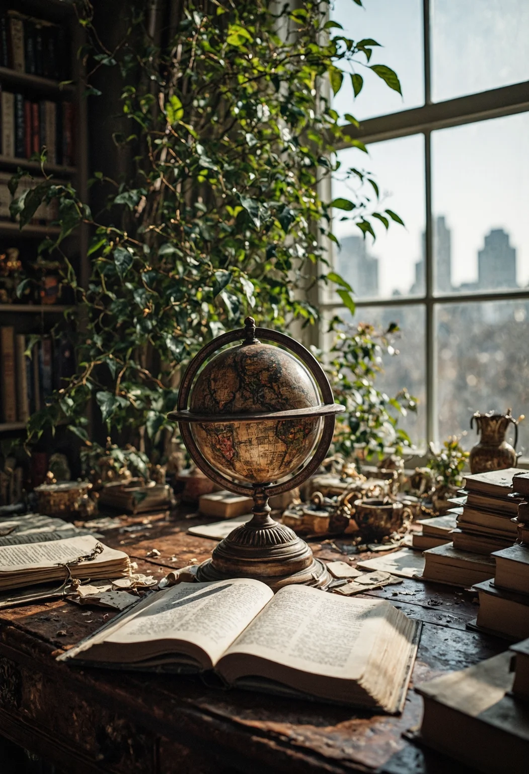 Intricately textured, cinematic, The antique globe, intricately carved with intricate designs and designs, spins slowly on a polished desk. The desk is cluttered with books and papers, and a stack of books lies open on the desk, waiting for its next adventure. The air is thick with the scent of old books and the sound of rustling leaves. The scene is set in a cozy study, with a large window overlooking a city skyline.