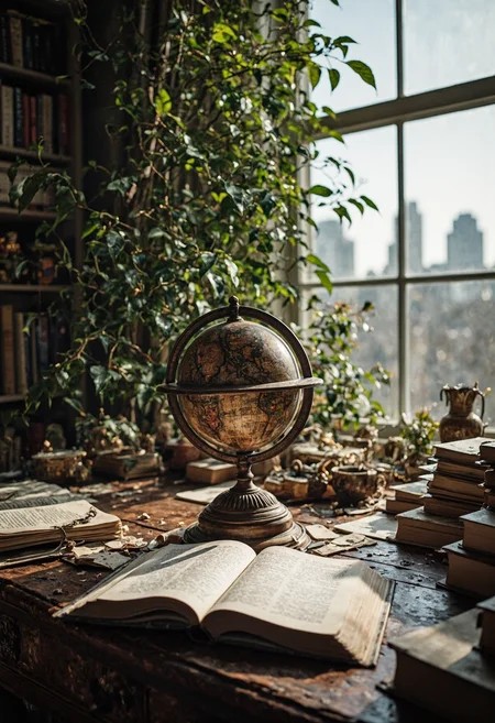 Intricately textured, cinematic, The antique globe, intricately carved with intricate designs and designs, spins slowly on a polished desk. The desk is cluttered with books and papers, and a stack of books lies open on the desk, waiting for its next adventure. The air is thick with the scent of old books and the sound of rustling leaves. The scene is set in a cozy study, with a large window overlooking a city skyline.