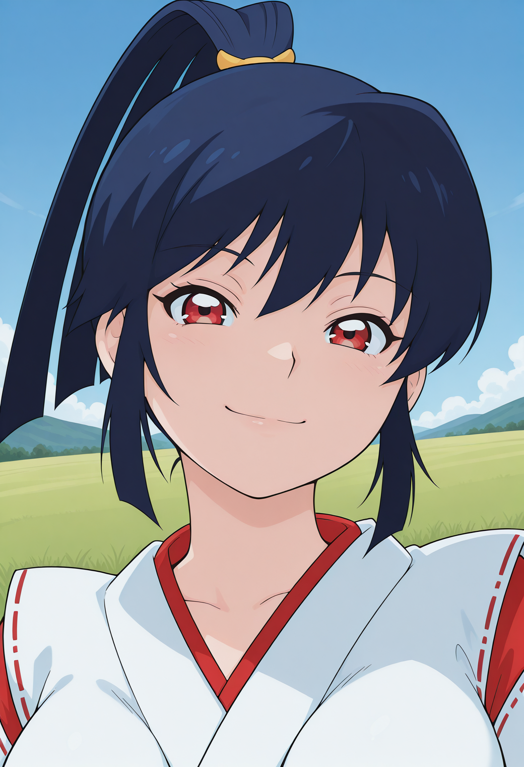 remon, red eyes, blue hair, long hair, ponytail, japanese clothes, <lora:remon_illustrious_ver1:0.8> 
smile, closed mouth,, masterpiece, best quality, sensitive,, 1girl, solo, blue sky, (grasslands:1.2), looking at viewer,, (upper body:1.2), (close-up:1.2), (facing viewer:1.2), (open eyes:1.4), (portrait:1.2)