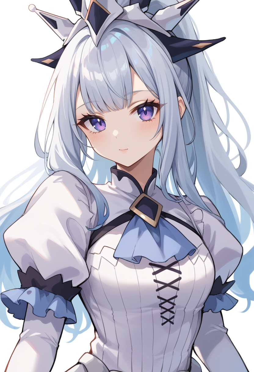 (score_9:0.9),score_8_up,score_7_up,rating_safe,anime style,(zPDXL),(zPDXL3),<lora:MALICE Queen White Binder ponyXL v1:0.52>, mâlice queen white binder, 1girl, solo, white background, looking at viewer, white dress, simple background, closed mouth, silver crown, white juliet sleeves, blue ascot