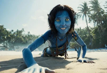 Kiri is crawling (((on all fours))) on beach sand, along, playful smile, seaside, trees and (sea with ((high) surf)) on background, face, ((closeup)), (blue) [human hands], (human (feet)), looking in the camera ((closely)), SK_CINEMATIC