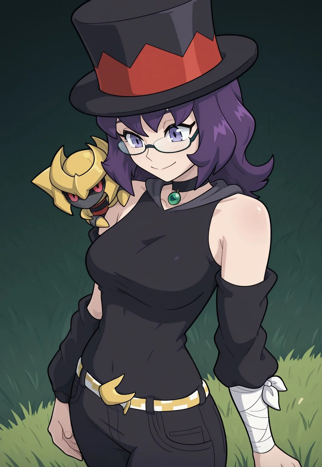 masterpiece, best quality, newest, absurdres, highres, Jade-Utopus, purple eyes, purple hair, medium hair, glasses, top hat, black clothes, bandage on one arm, black pants, belt, detached sleeves, black choker with green gem, solo, alone, outside, grass field, happy, chibi giratina:1.5, chibi giratina on shoulder, giratina pokemon, 