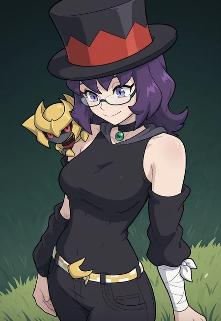masterpiece, best quality, newest, absurdres, highres, Jade-Utopus, purple eyes, purple hair, medium hair, glasses, top hat, black clothes, bandage on one arm, black pants, belt, detached sleeves, black choker with green gem, solo, alone, outside, grass field, happy, chibi giratina:1.5, chibi giratina on shoulder, giratina pokemon,