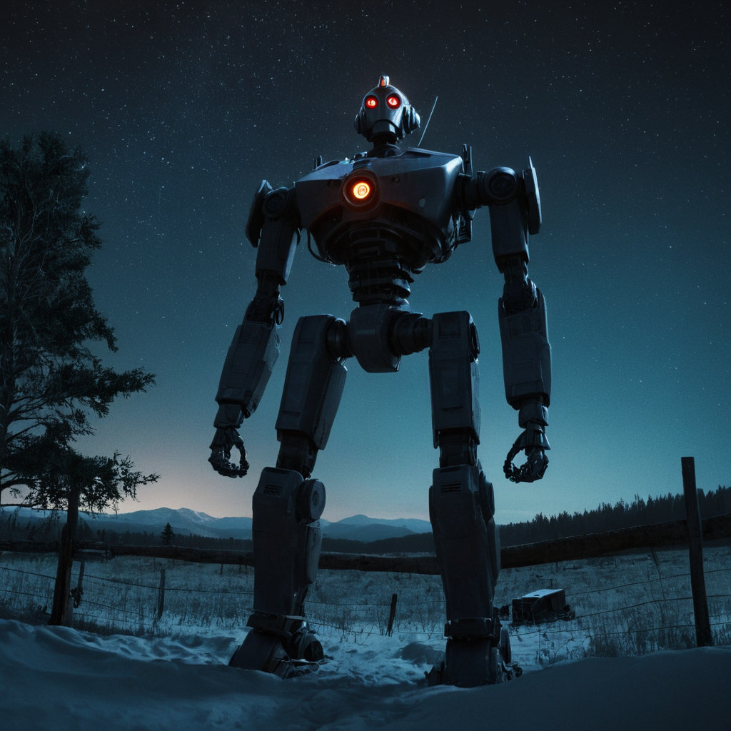 professional 3d model of  <lora:LoDe+Ro style:1>
a giant robot standing in a field next to a fence,outdoors,sky,tree,no humans,night,robot,star (sky),nature,night sky,scenery,mecha,snow,forest,starry sky,science fiction,mountain,tent,pine tree,LoDe+Robots Style,Love Death + Robots style,Love,Death & Robots style,animated,horror,dark,black,apocalyptic,dystopian,domination,mecha,night,country side , dramatic light, cyberpunk, LoDe+Ro style, octane render, highly detailed, volumetric, dramatic lighting
