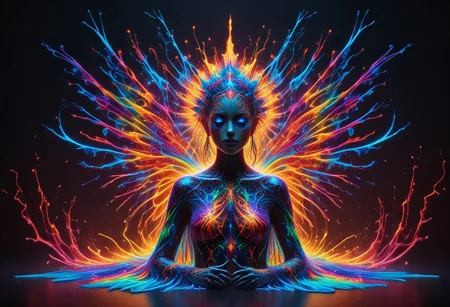 a fire entity whit multicolored flames, professional photography of an fantastical warrior fairy princess entirely made of cyberflies with whimsical elements, swirling magic, eerie fairytale landscape, elaborate fantasy style art, very colorful, intricate details, ultra sharp, exquisite detail, flawless composition, vivid colors, masterpiece, exciting background, TAS, TASvisuals, Psychedelic , Rave, Elaborate , Blacklight , Vibrant , cyberflies, black light paint, blp, Colorful Chaos Cracks and Drops, mad-glowtiedye, made out of,colorful,liquid,Murano Art Glass