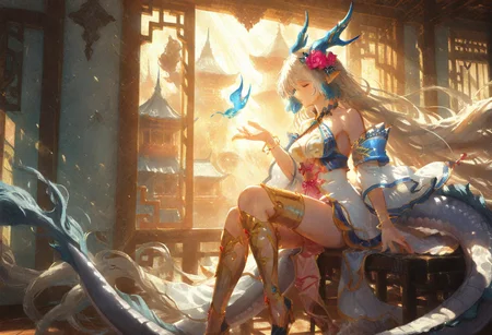 masterpiece, best quality, absurdres, very awa, absurdres,,wide shot,background,masterpiece, very aesthetic, absurdres, dimly lit, warm light,windy, floating hair, ((impressionism, excellent depth of field, partly realistic texture, dramatic lighting)), sharp focus, newest,Chinese building, indoors, sitting next to window, full body
BREAK
ZennyoRyuuou, very long hair, dragon horns, hair flower, strapless dress, detached sleeves, bracelet, gold leg wear, dragon tail, pointy ears,