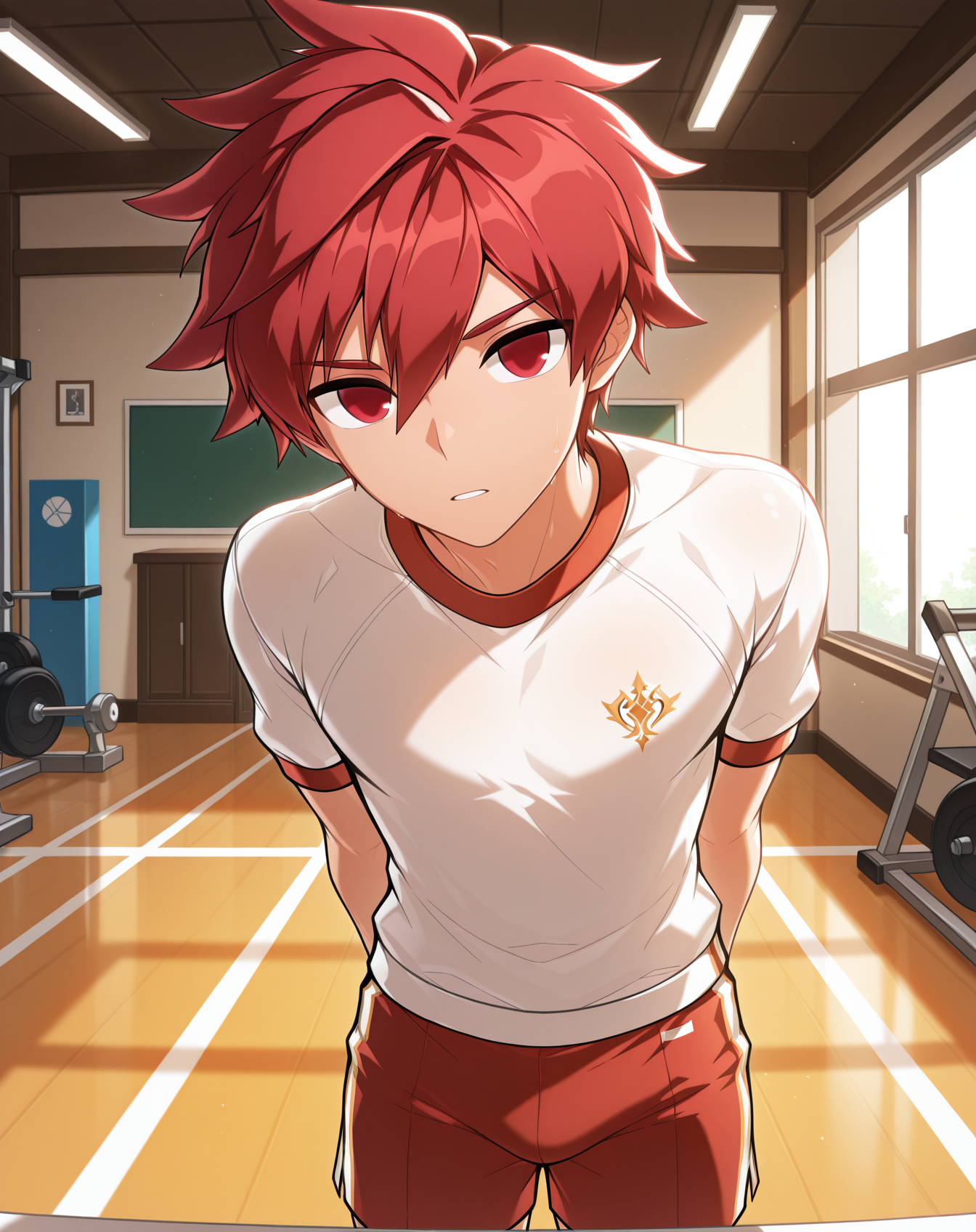 masterpiece,best quality,amazing quality, newest, very aesthetic, absurdres,
1boy, solo, yaoi, male focus, looking at viewer, cowboy shot, standing,
<lora:Elsword_Knight_Emperor_ilxl:1> elswordke, red hair, red eyes,
gym uniform, gym shorts, gym shirt,
indoors, gym,