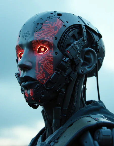 SCI_FACTOR_CORE The image depicts a close-up of a person wearing a futuristic, high-tech helmet with glowing red circuitry patterns. The helmet covers the head and part of the neck, with intricate electronic components visible. The person has a pale complexion and is wearing a futuristic suit that includes various buttons and controls. The background is blurred, making it difficult to discern specific details, but it appears to be an outdoor setting with a blueish hue. The overall aesthetic is highly detailed and futuristic, with a focus on advanced technology and cybernetic elements.,cyberpunk,CyberpunkAnime
