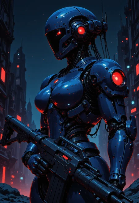 j_art, in the style of ck-ncr, in the style of ckcc, sci-fi android warrior, BobaFett-style helmet, robot joints and cables, dark blue reflective armour, holding assualt rifle, dark background, bokeh, side view