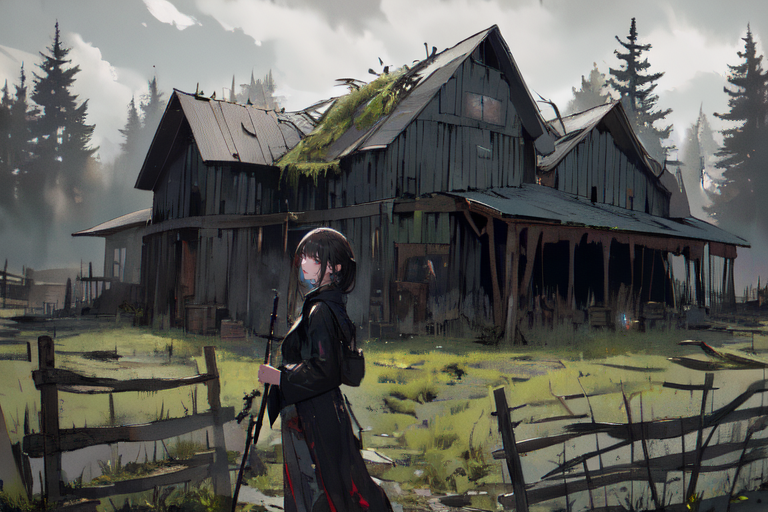 (otherworldly), highly insanely detailed, masterpiece, top quality, best quality, highres, 4k, 8k, RAW photo, (very aesthetic, beautiful and aesthetic), farm, fields, barn, fence, fantfa, <lora:FantasyFarm-10:1>, 
1girl, 
(dark gray hair ), 
(dark background),âââ