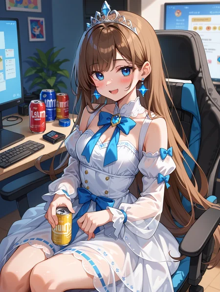 score_9, score_8_up, score_7_up,source_anime,
1girl, brown hair, long hair, straight hair, silver tiara, blue gemstone earrings, blue eyes, blush stickers, drunk, (open mouth:0.4), white dress, princess dress, flowing dress, waist ribbon blue ribbon, blue bow, detached sleeves, juliet sleeves, see-through clothes, transparent clothes, cowboy shot, (holding yellow can), hand on leg interior, bedroom background, depth of field, gaming chair, computer