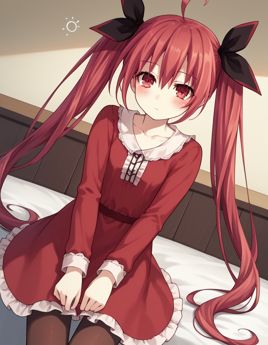 score_9, score_8_up, score_7_up, source_anime,
kotoriitsuka, <lora:kotori-itsuka-lightnovel-ponyxl-lora-nochekaiser:1>,
kotori itsuka, long hair, red eyes, twintails, very long hair, red hair, ahoge, ribbon, hair ribbon,
dress, collarbone, pantyhose, red dress, frills, long sleeves,
indoors, bed, bed room, on side, blush, drunk,
looking at viewer, solo, cowboy shot, dutch angle,