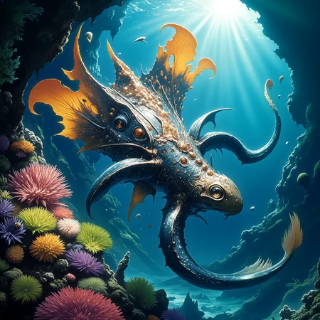 highly detailed, intricate, detailed background, famous artwork inspired by (abzu:1.2) and (julie baroh:1.2) and (stephan martiniere:1.2), (dramatic underwater scene:1.2), (fractal art:1.2), , dynamic angle, the "venomous noodlecurbler", a strange aquatic creature, equipped with large translucent fins, anderful agglefreck and a long stinging tail, gracefully pludders through the crystal-clear waters of the colorful coral reefs on planet "nicetoo vi", golden ratio, in the style of ck-ovf, amanoer, arsmjstyle, dnddarkestfantasy, aidmamj6.1,
<lora:style-oneviolentfantasy-ep21-flux-by_chronoknight:0.48>
<lora:style-yoshitaka_amano-elden_ring-flux-by_alicient:0.32>
<lora:style-dnd_dark_fantasy-flux-by_arsmachina:0.8>
<lora:midjourney_61-v0.4-flux-by_aidma:0.56>
<lora:faetastic_details-flux-by_faeia:0.64>