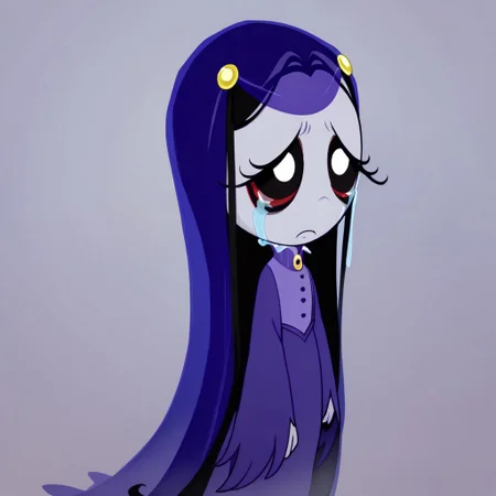 score_9, score_8_up, score_7_up BREAK MiseryRG, 1girl, black hair, black eyes, pale purple skin, tears trail, purple veil, yellow flower hairclips, white-collared purple buttoned dress, long purple sleeves,