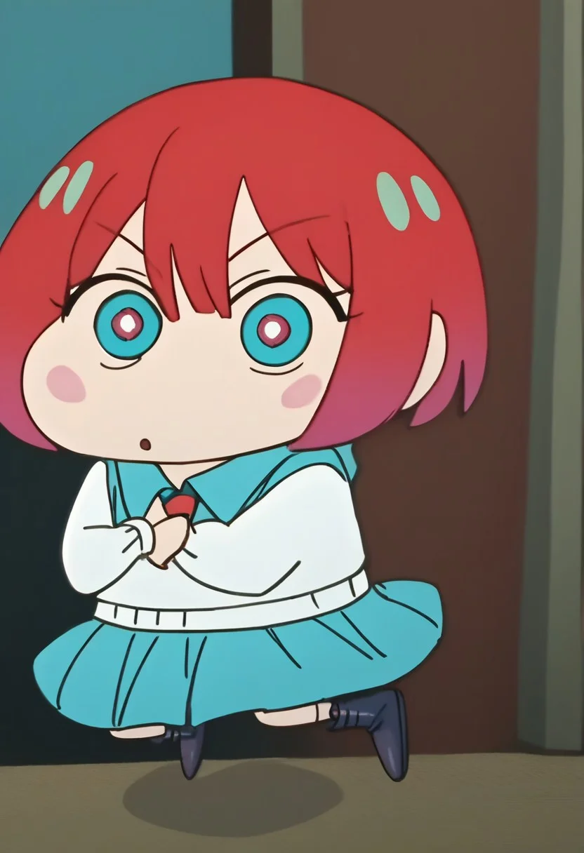 score_9, score_8_up, score_7_up, score_6_up, score_5_up, score_4_up, BREAK source_anime, ((anime screencap)), female child, child, standing, chibi, full body, GQuX-amate_yuzuriha, red hair, multicolored hair, short hair, aqua eyes, multicolored eyes, aqua shirt, striped necktie, white sweater, aqua skirt, grey socks, black boots,