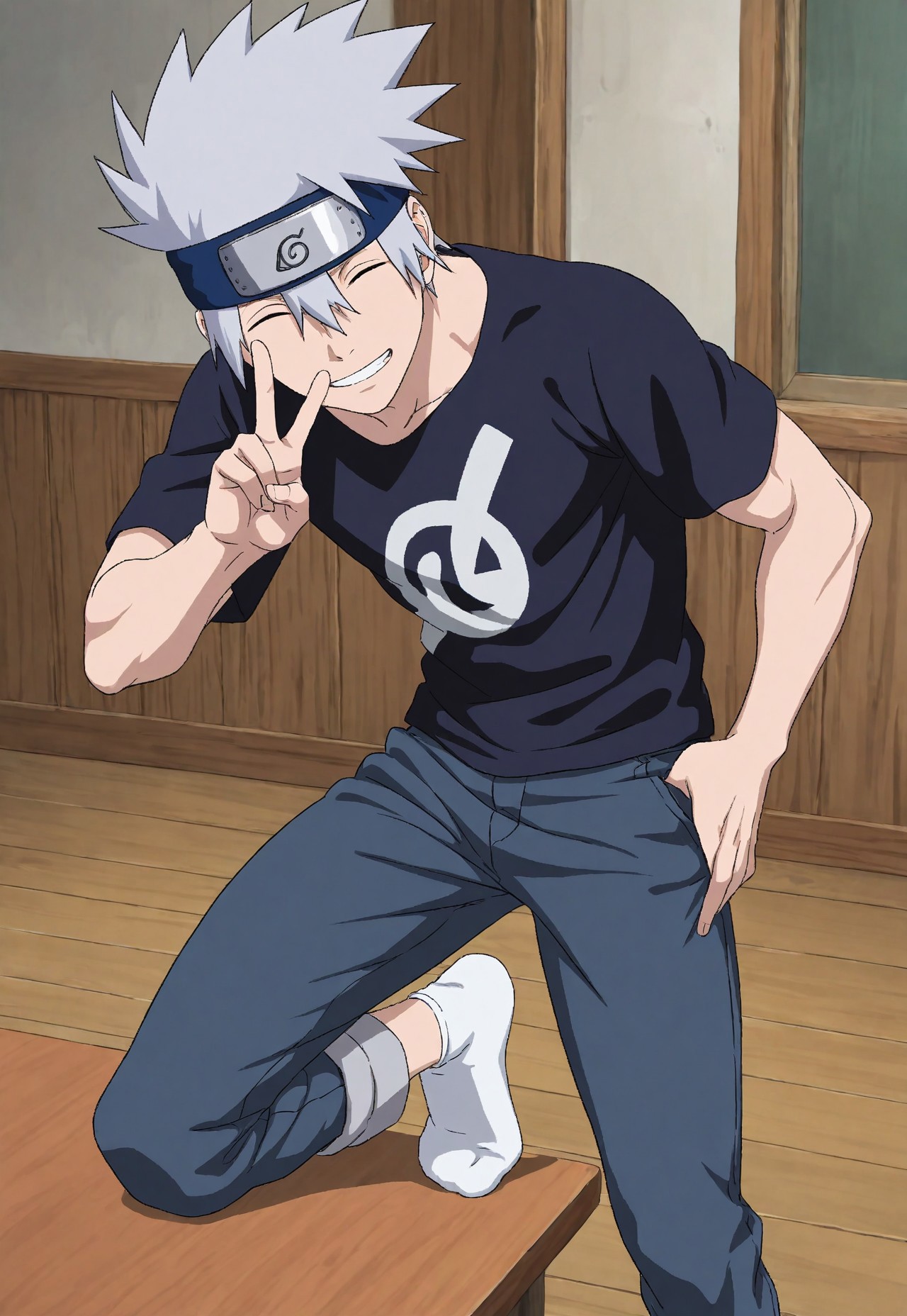 masterpiece, best quality, amazing quality, very aesthetic, absurdres, newest, detailed background, 1boy, solo, male focus, fbKakashi, skinny, muscular, grey hair, eyes closed, hair between eyes, t-shirt, jeans, white ankle socks, no shoes, forehead protector, konohagakure symbol, one foot on table, one knee bent, standing on floor, peace sign, smiling, bedroom