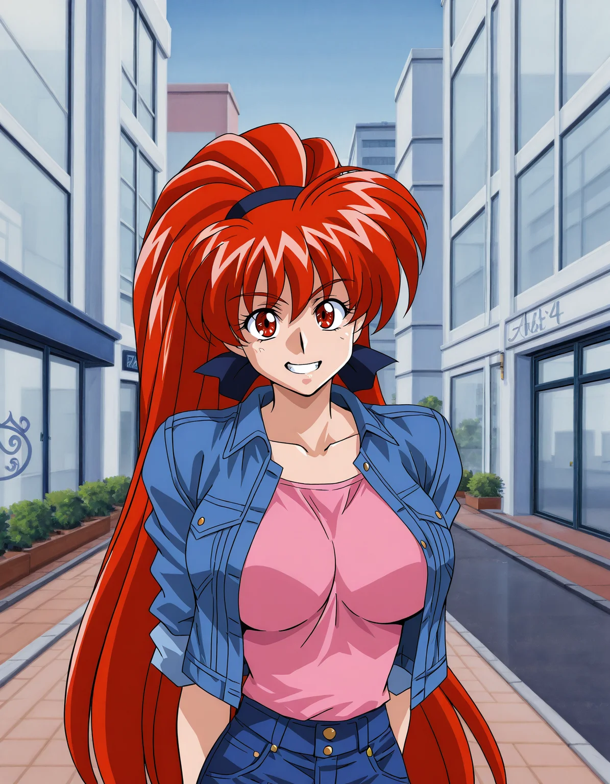<lora:viper-gtb-000015:1> 1girl, ak1r4, hairband, denim jacket, pink shirt, jeans
solo, arms behind back, looking at viewer, grin, sidewalk, city, upper body