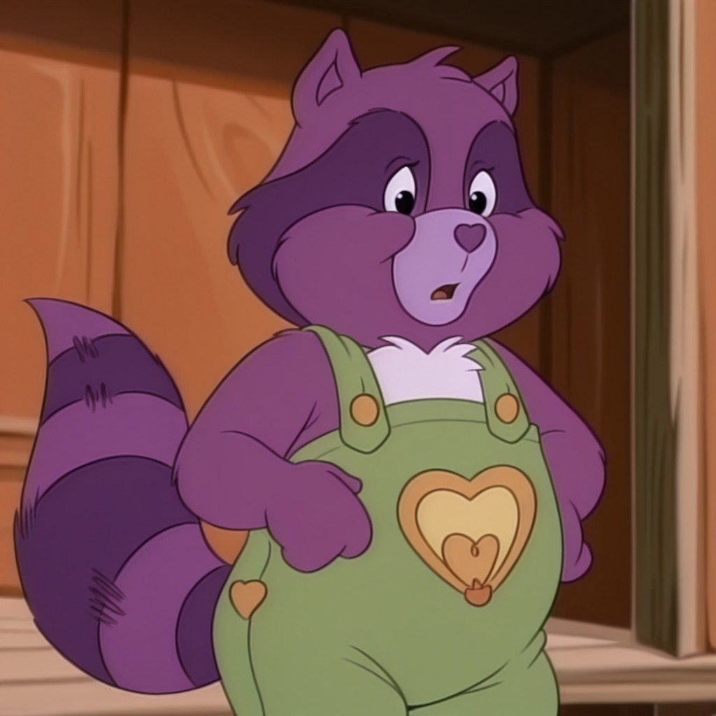 masterpiece, best quality, amazing quality,  brighthrtilv2, semi-anthro, male, raccoon_boy, purple fur, black eyes, tail, green overalls, outside