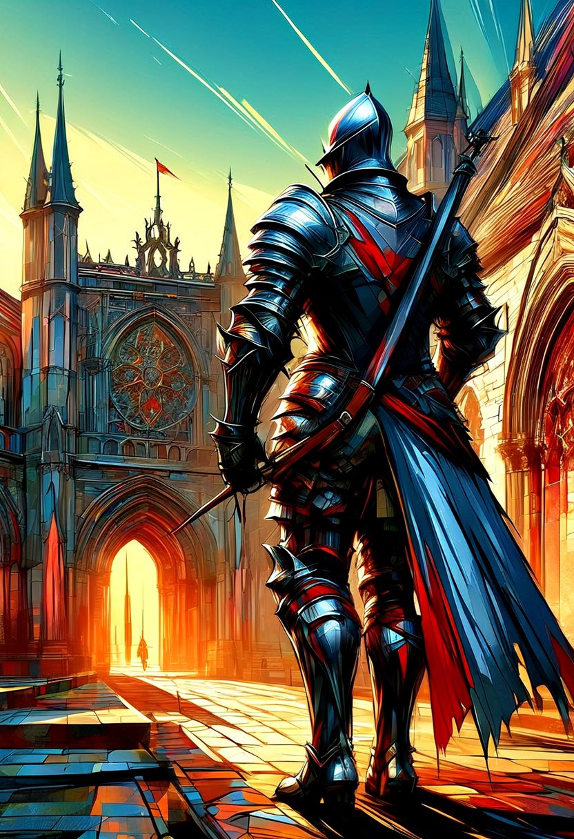A valiant knight in shining armor stands at the gates of a grand castle. Banner, sword and shield, sunset, stone walls, battlements, dramatic lighting, extreme close-up, portrait.