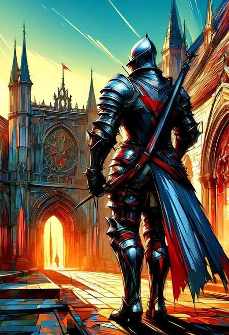 A valiant knight in shining armor stands at the gates of a grand castle. Banner, sword and shield, sunset, stone walls, battlements, dramatic lighting, extreme close-up, portrait.