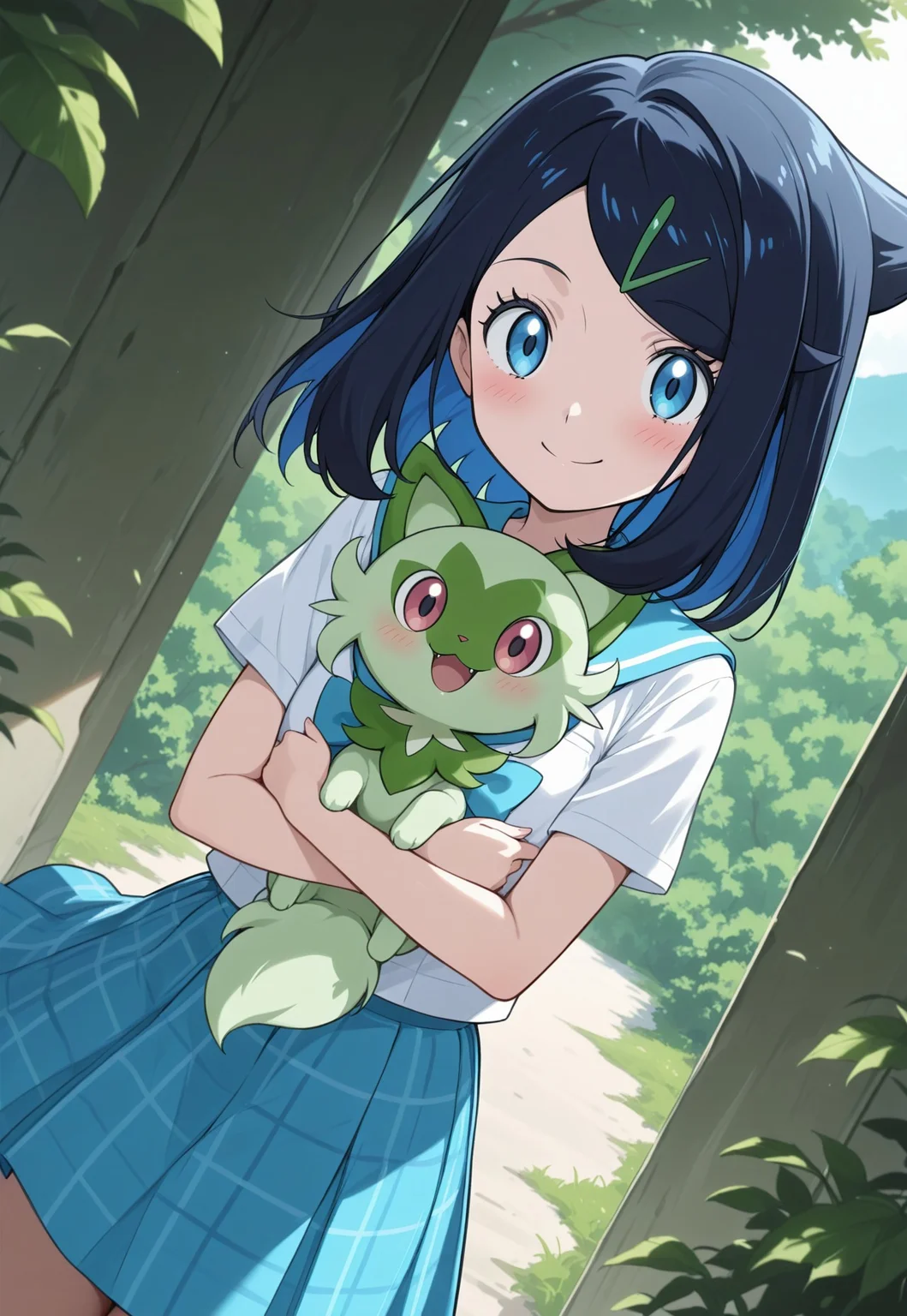 masterpiece, best quality, newest, absurdres, highres, anime,
eye reflection,
aaliko, medium hair, black hair, colored inner hair, hairclip, blue eyes,
1girl, blush, smile,
looking at viewer,
school uniform, blue sailor collar, blue bow, white shirt, short sleeves, plaid skirt, blue skirt,
Sprigatito, holding animal,
outdoors, scenery,
dutch angle, cowboy shot, solo,