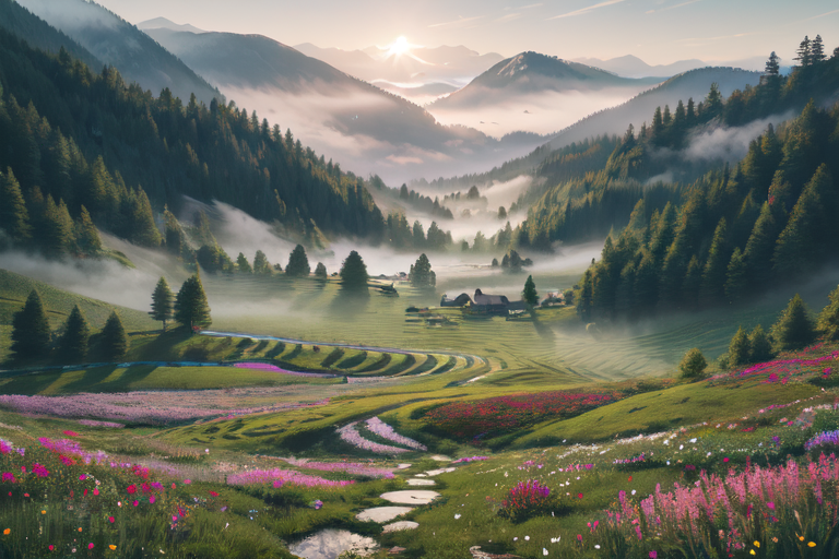 highly insanely detailed, masterpiece, top quality, best quality, highres, 4k, 8k, RAW photo, (very aesthetic, beautiful and aesthetic),  
(code_style,codestyle), 
<lora:CodeStyle (half generic class)_564920:0.3>, 
(1girl:1.3), 1other, 
a serene misty valley, with blooming flowers, calm atmosphere, gentle light, hidden away,âââ