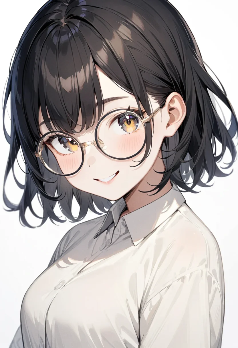 masterpiece, best quality, very aesthetic, absurdres,
1girl, solo, black hair, medium hair, smile, looking at viewer, upper body, collared shirt,
round_glasses22A, yellow-framed eyewear, 
white background, simple background,
 <lora:round_glasses_metal-frame_SDXL_V1:1>